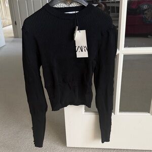 Zara Elegant Black Knit Top gold buttons